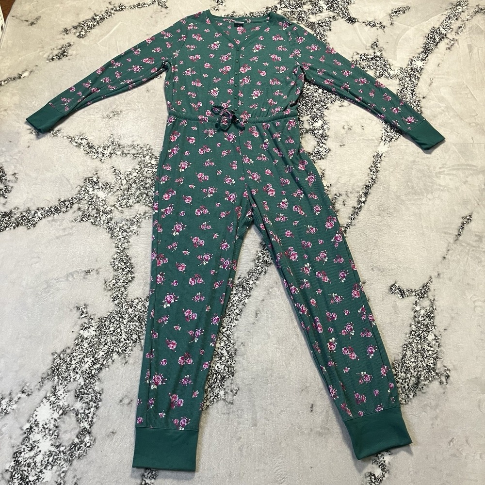 Sonoma Sleepwear Jumpsuit Womens Size XL Green Thermal Floral‎ Button Down